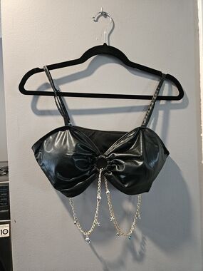 Black Faux Leather Chain-Detail Bikini Top & Thong Bottom (Never Worn)